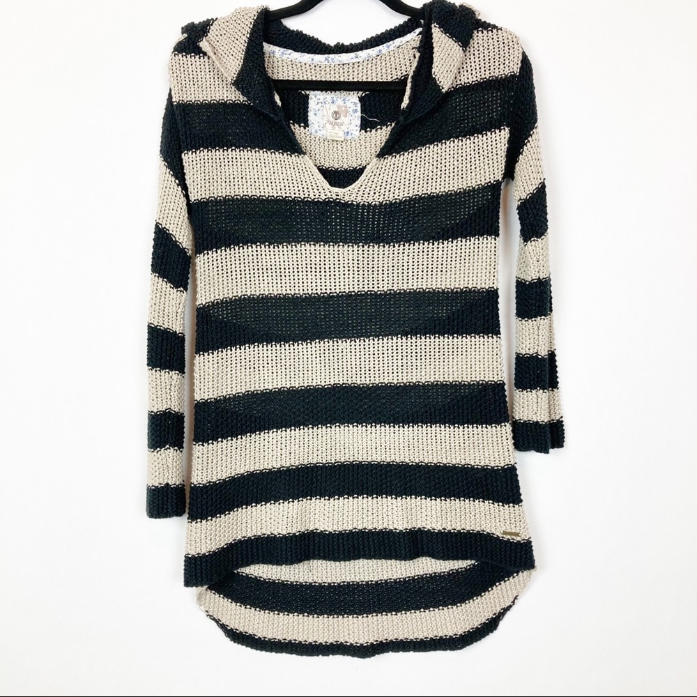 Element striped open crochet hooded tunic length high low sweater